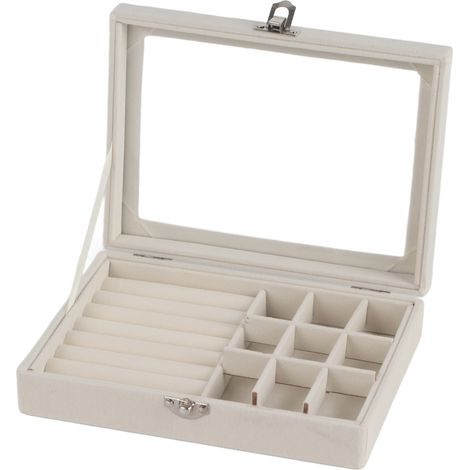 Boîte à bijoux en flanelle avec serrure de sécurité, 9 cases pour colliers, boucles d'oreilles, bracelets et bagues, couleur beige.