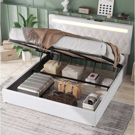 Lit rembourré en lin blanc 180x200 cm avec rangement hydraulique, LED d’ambiance et ports USB/USB-C (1/5)