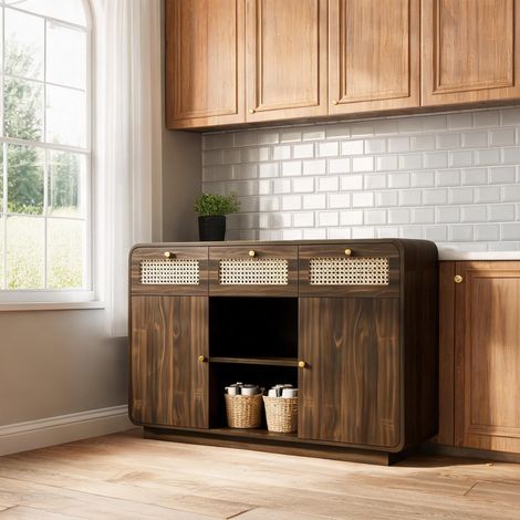 Commode en bois noyer effet rotin avec 3 tiroirs et rangements (1/5)