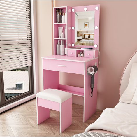 Tocador rosa con espejo LED, enchufes, soporte para secador y taburete 60x38x131,5 cm (1/5)