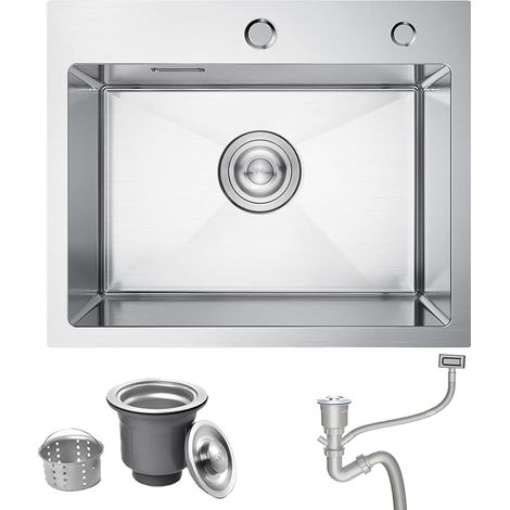 Évier de Cuisine, Encastrable en Acier Inoxydable 304, 55 x 45 cm avec Trou pour Robinet et Trop-plein, 1 Bac Rectangulaire pour Meuble Bas de 60 cm, Petit Bar et Restaurant, Brossé (1/5)