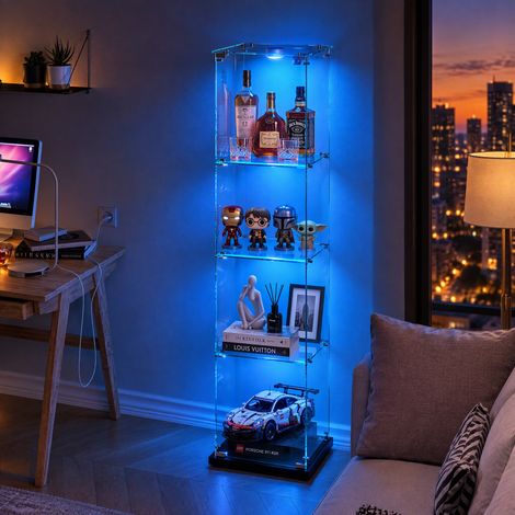 JOOKGBD-Glasvitrine,1 Tür vitrinenschrank 4 Regalen transparent, mit Schloss und LED,Sammlerstücke Glasvitrine,Bücherregal aus Glas,Vertikale Glasvitrine,für Wohnzimmer Schlafzimmer Büro,Schwarz (1/5)