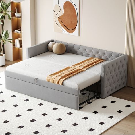 Lit banquette moderne capitonné en velours gris clair 90x200 cm avec sommier à lattes extensible