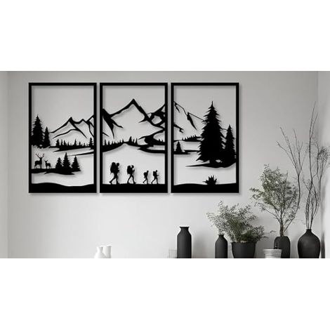 Décoration Murale en Métal Noir, Moderne Forêt de Montagne L'art Maison Peinture pour La Salon Chambre à Coucher Sculpture(40×90cm) (1/5)