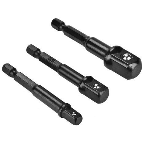 3pcs Black Socket Adapter 1/4" Hex Shank to 1/4" 3/8" 1/2" Square Head Drill Bit Driver (1/5)