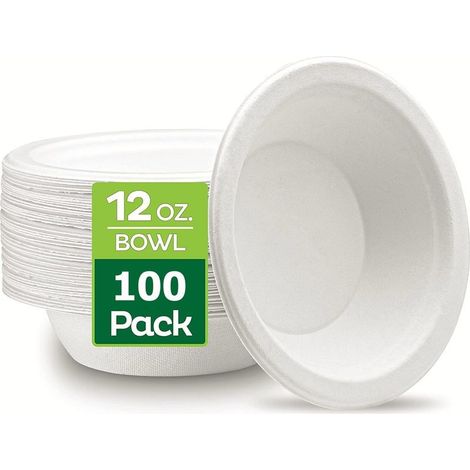 100 Pièces Bols en Papier Jetables, 360ml Blanc Bols Rigides en Bagasse 100% Compostable Bol en Canne à Sucre pour Usage Quotidien Restaurants BBQ Party (13,5cm x 4cm) (1/5)