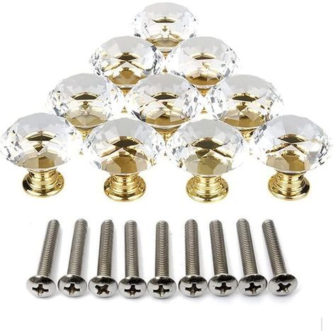 Un ensemble de 10 poignées de tiroir en forme de diamant- en verre transparent avec une base dorée- convenant aux armoires- coiffeuses- bibliothèques- etc. (1/5)