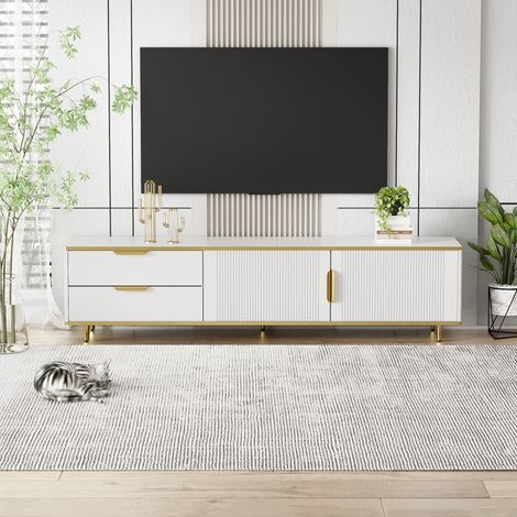 Meuble TV blanc et doré, plaque basse design à texture sculptée avec poignées et pieds dorés, lowboard élégant pour salon (1/5)