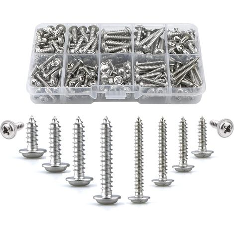 Lot de 280 vis autotaraudeuses assortiment,M3,M4 a métal avec rondelles visserie bois, en acier inox,10 types vis autoforeuse(8/10/12/16/20/25mm),fixations à vis rondes à tête fraisée(argent) (1/5)