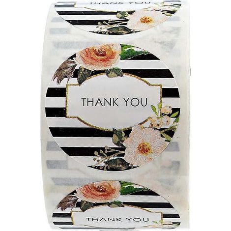 Étiquettes autocollantes « Merci » à rayures noires et blanches et à motifs floraux / Étiquettes rondes « Merci » de 2,5 cm / Rouleau de 500 étiquettes (1/4)