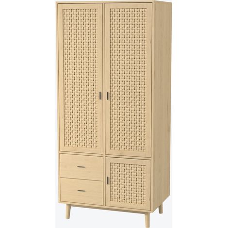 Armoire de chambre avec rangement - Armoire avec 3 portes en imitation rotin, 2 tiroirs, 1 tringle - pour dressing - couleur chêne (1/5)