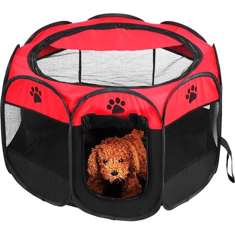 Box pieghevole per animali domestici - Misura 74x74x43 cm - Recinto per cani con reti traspiranti e borsa per il trasporto - Colore Rosso (1/5)