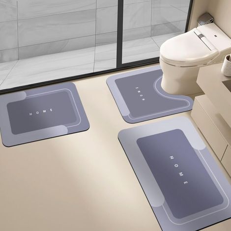Tappetino da bagno semplice in terra di diatomee, tappetino assorbente a forma di U ad asciugatura rapida, set da tre pezzi, blu (1/4)