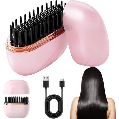Brosse lissante sans fil, mini peigne lissant portable, chauffage céramique, 3 températures, fonction anti-frisottis, avec capuchon de protection, rose (1/5)