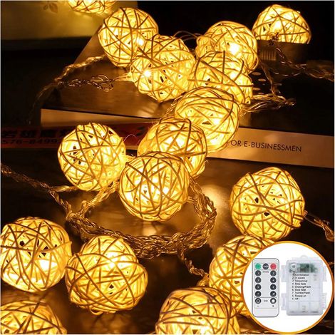 Guirlande Lumineuse - Boules En Rotin - 20 Ampoules LED - Fil De Cuivre - Alimentation Sur Piles - 3 M - Usage Intérieur Et Extérieur (1/5)