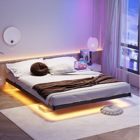 Letto matrimoniale 140x190 cm effetto sospeso, illuminazione LED, stazione di ricarica, metallo nero (1/5)