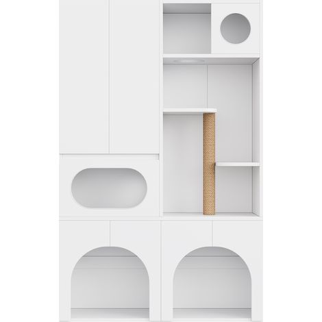 Meuble pour litière chat en MDF blanc 140 x 45 x 195 cm avec griffoir et espace repos (1/5)