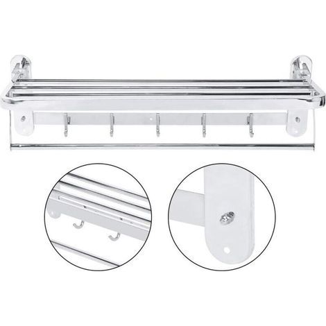 Porte-Serviette Support Salle de Bain Étagère Murale en Acier Inoxydable 304 Pliable avec 2 Couches de Rangement et 5 Crochets (1/4)