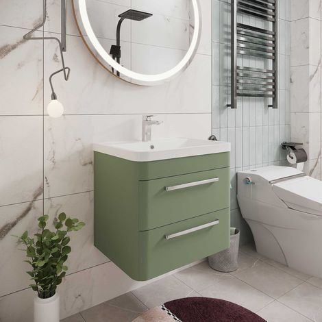 Hudson Reed Solar Matt Fern Green 600mm Wall Hung 2 Drawer Vanity Unit and Polymarble Basin - SOL802 (1/5)