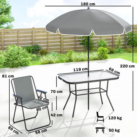 Ensemble de mobilier de jardin, salon de jardin, table en verre 119 x 68 cm avec 6 chaises pliantes, parasol, motif vagues, gris (1/5)