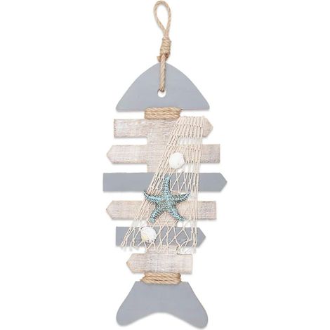 Décoration murale en bois représentant un hippocampe, une étoile de mer et des coquillages - Thème plage (1/3)