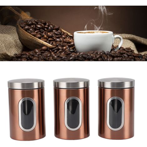 Set aus 3 Aufbewahrungsboxen aus Edelstahl mit Sichtfenster, ideal zur Aufbewahrung von Müsli und Kaffeebohnen, mit Antikbronze-Finish. (1/5)