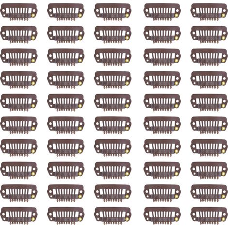50 pièces attaches à cheveux en acier inoxydable 8 dents avec embouts caoutchouc pour extensions et perruques marron (1/5)