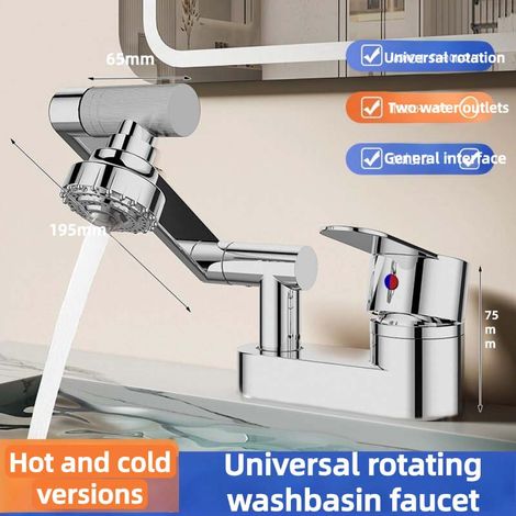 Robinet de Lavabo de Salle de Bain Double Trou Eau Froide et Chaude Robinet de Lavabo de Bassin à Valve de Mélange Rotative 360° (argenté) (1/5)