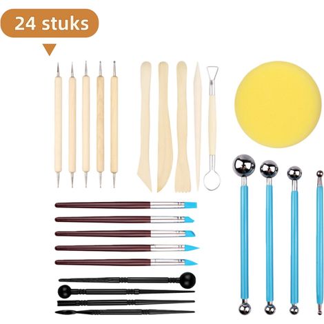 Ensemble de 24 pièces - Outils pour céramique - Gomme en silicone acrylique - Tige à bille en acier inoxydable - Plastiques - Outils de gaufrage et de gravure - Kit d'outils de moulage - Mélange de co (1/5)