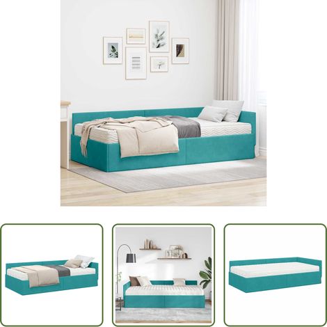 vidaXL Matelas intégré - Cadre de lit d'angle avec matelas Autre 2 pcs Turquoise Velours (1/5)