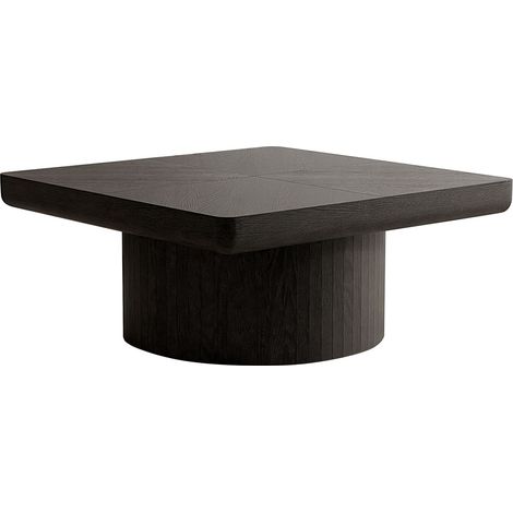 Table basse plateau en placage bois motif parquet base cylindrique plateau épais finition noire table de salon (1/5)