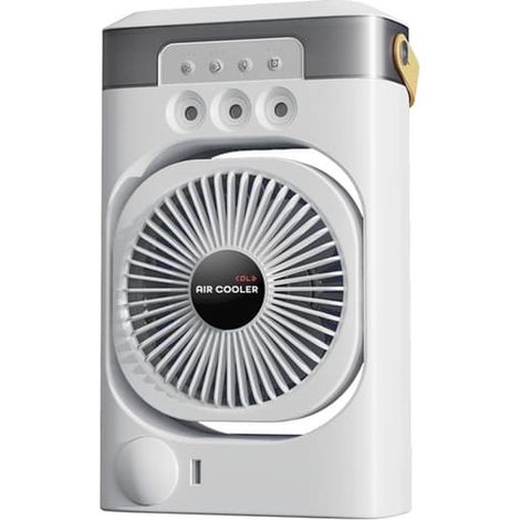 Ventilateur brumisateur portable à 3 vitesses, 5 buses de pulvérisation, réservoir d'eau de 600 ml, éclairage LED, minuterie rechargeable USB pour le camping, la terrasse et les activités de plein air (1/5)