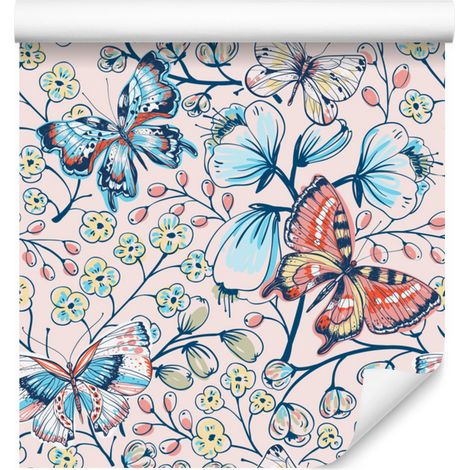 Papel pintado de mariposas y flores de colores para salón y dormitorio, 50x1000 cm. (1/5)