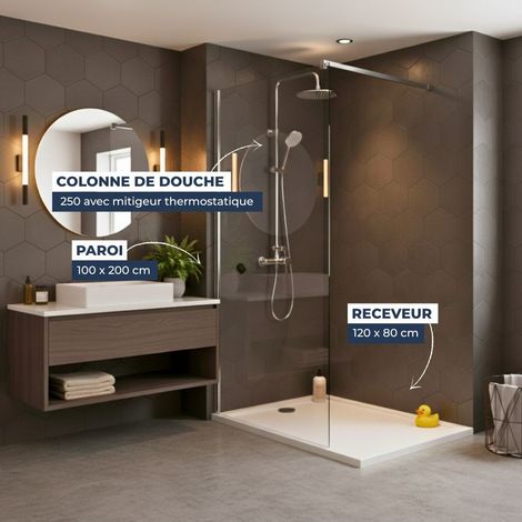 Swiss Aqua Technologies – Pack douche à l'italienne 97x200 cm – Paroi walk-in anti-calcaire – Colonne douche thermostatique 3 jets – Receveur marbre 120x80 cm – SAT100C7PR128W