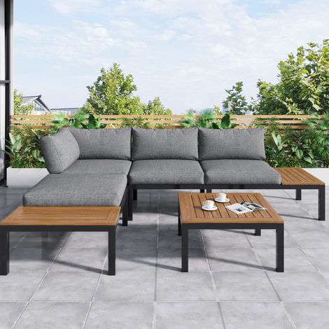Salon de jardin 120/60/66 cm gris en acier galvanisé avec plateau en acacia et coussins épais (1/5)