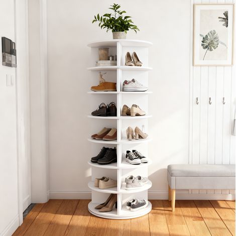 Zapatero giratorio 60x60x161 cm blanco en PVC con 7 niveles y acceso 360° (1/5)