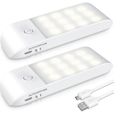 Lampe LED rechargeable avec détecteur de mouvement, veilleuse magnétique adhésive 2 pièces, 3 modes (auto/allumée/éteinte), éclairage nocturne portable pour couloir, chambre, escalier. (1/5)