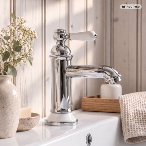 Robinet de lavabo rétro nostalgique blanc chrome – Finition chromée haute qualité – Compatible chaudières et chauffages instantanés – Tuyaux flexibles DVGW – Paulgurkes (1/5)