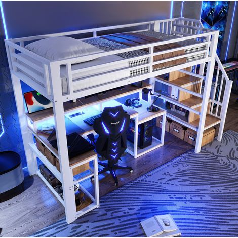 DESVIAE Lit mezzanine 90 x 200 cm avec bureau étagères rangements escalier garde corps LED USB cadre en métal et MDF blanc (1/5)