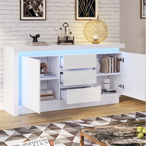 Sideboard 140x35x72 cm weiß aus Spanplatte mit Hochglanzfront, LED, 3 Schubladen und 2 Türen (1/5)