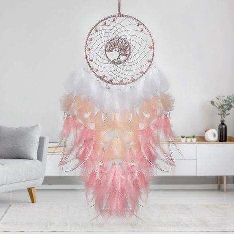 Attrape-rêves Arbre de Vie, décoration murale en plumes roses et pierres de cristal aux vertus naturelles, fait main. Décoration idéale pour la maison et la chambre. (1/5)