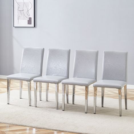 Lot de 4 chaises de salle à manger avec pieds en métal argenté, similicuir PU texturé gris clair