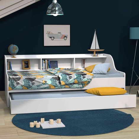 Lit gigogne enfant avec étagère en bois blanc 90x190 - LT14031 (1/3)