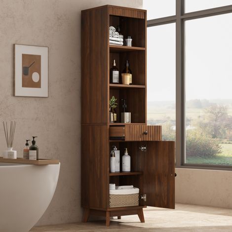 Meuble colonne de salle de bain 172 cm, porte réversible, tiroir, MDF, brun, REDOM (1/5)