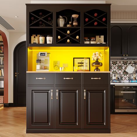 Credenza alta 120x40x180 cm in MDF con 3 ante, 3 cassetti, illuminazione LED e ripiani aperti, nera (1/5)