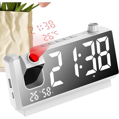 Reveil Projection Plafond, Réveil Projecteur avec Écran LED, Blanc 2 Ports USB, Double Alarme, Snooze, Temp & Humidité, Luminosité 3 Niveaux, 12/24H, Horloge Projection Numérique Chambre (1/5)