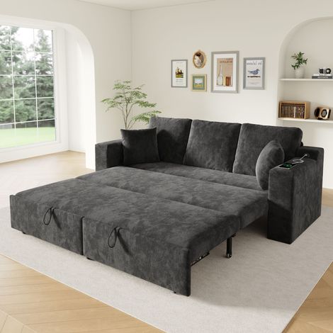 Canapé droit convertible 3 places 210,5x192x93 cm Canapé-lit avec couchage coulissant, rangements, USB et USB-C, structure métal, chenille, gris (1/5)