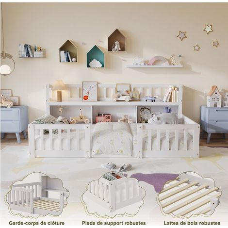 Cama infantil 90x200 cm con somieres de lamas, Cama baja 90x200 cm con biblioteca, Cama individual, Barrera de seguridad, Pino macizo, Blanco