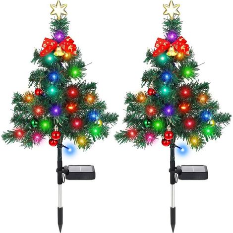 Lot de 2 piquets lumineux solaires pour sapin de Noël, décorations d'extérieur pour jardin, piquets solaires multicolores pour allée, pelouse, patio, ornement de Noël (style dynamique) (1/5)