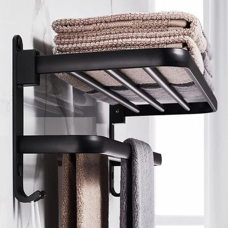 Wandmontierter Handtuchwärmer aus mattschwarzem Aluminium – 40 cm klappbare Handtuchstange – 2 Stangen – Bohrfreie Montage möglich (1/5)